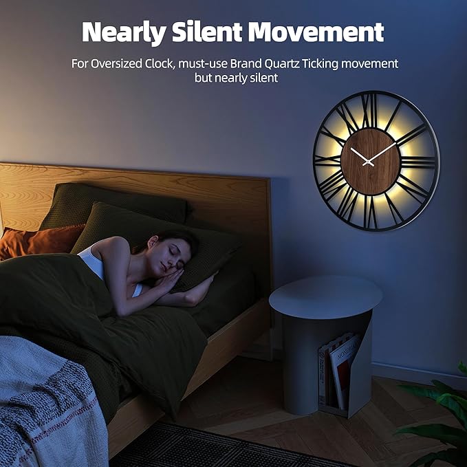 32 Inch Large Metal Wall Clock with Voice and Light Sensor Night Light, Glow in The Dark Non-Ticking Silent Battery Operated Decorative Oversized Wall Clock for Bedroom Living Room Decor
