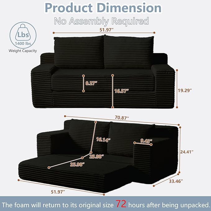 70.87" Loveseat Sofa Bed - Corduroy Upholstered, Comfy Deep Seat & Modern Design - Small Space Friendly, No Assembly Needed - Ideal for Living Room, Bedroom, Apartment, Home Office,Black