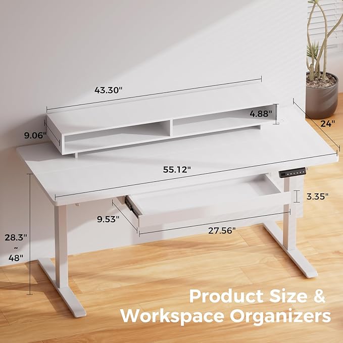 GTPLAYER Electric Standing Desk with Drawers, 55 x 24 Inch Height Adjustable Gaming Desk with Monitor Stand, Power Outlets & LED Lights, Home Office Sit Stand Up Desk with Memory Preset (White)