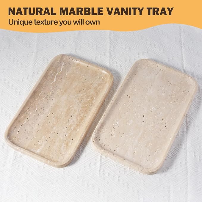 Travertine Vanity Tray, Stone Bathroom Tray for Countertop, 14'' Marble Decorative Dresser Trays, Large Serving Trays for Kitchen Counter, Storage for Kitchen Sink, Perfume, Jewelry Holder