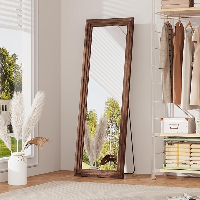 Full Length Mirror,71x32 Inch Full Length Mirror Wall Mounted,Vertical Hanging,Leaning Standing for Bedroom,Living Room,Rectangular Wooden Frame,Wood Brown Color.