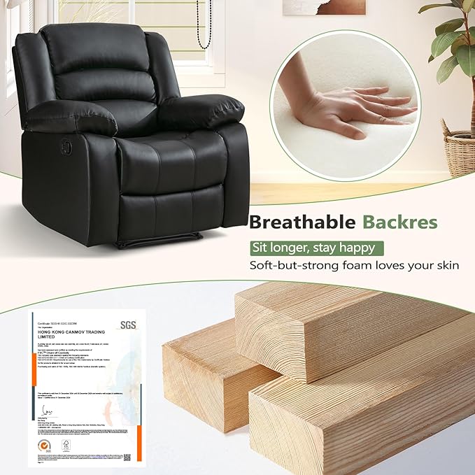 ANJ Black Recliner Chair with Overstuffed Arm and Back, Breathable Faux Leather Manual Reclining Chairs, Living Room Single Sofa Recliners