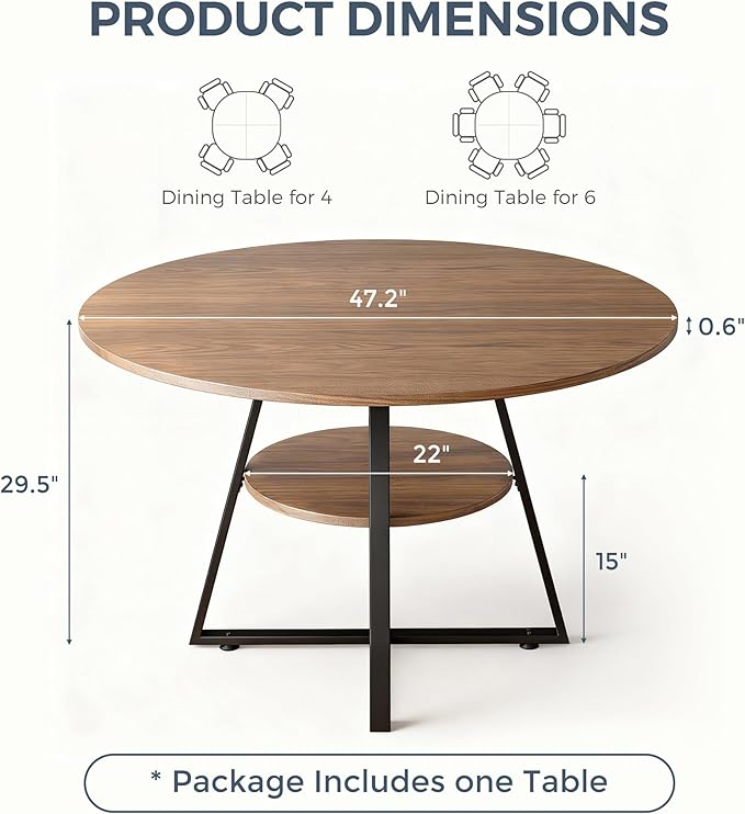 47" Round Dining Table for 4, Kitchen Dining Table with Storage, Wood Circle Dinner Table, Space Saving Dining Room Furniture for Kitchen, Living Room
