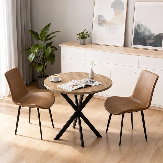 31.5" Round Dining Table and Chairs Set for 2, Small Dining Table Chairs Set Space-Saving, Round Table Set with Upholstered Chairs for Kitchen Dining Room Apartment(Natural + Brown)