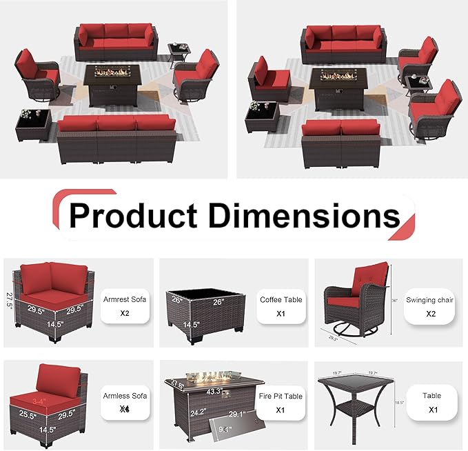 Kurapika 11 Pieces Patio Furniture Set, Rattan Wicker Outdoor Conversation Sets w/43in Propane Fire Pit Table, Swivel Rocking Chairs Patio Sectional Sofa w/4 Inch Cushion, Red