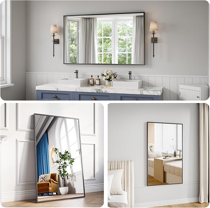 Bathroom Mirror 30"x50" Matte Black Rectangle Bathroom Wall Mirror for Over Sink, Modern Large Vanity Mirror, HD Tempered Glass, Anti-Rust Aluminum Alloy Frame, for Living Room, Bedroom, Entryway