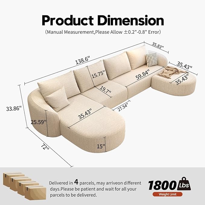138.6" Modular Sectional Couches Luxury Modern Curved Back U-Shape Sofa Set with Ottoman,Minimalist Comfy Boneless Cloud Couch for Living Room Apartment,(Left Facing Chaise,White)