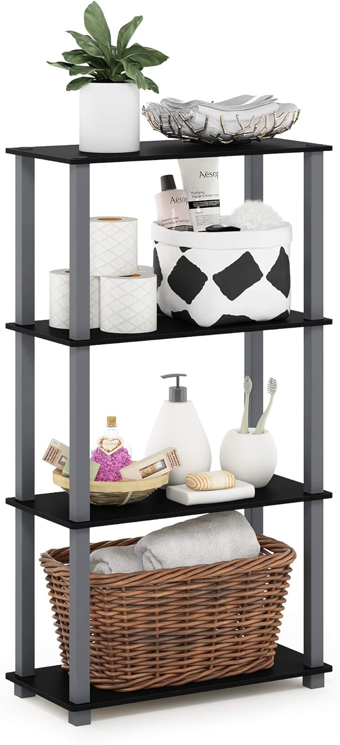 Furinno Turn-N-Tube 4-Tier Multipurpose Shelf Display Rack, Square Tube, Black/Grey
