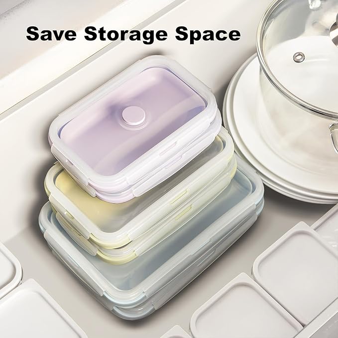 Large Collapsible Food Containers with Lids for Camping & Travel | Leak-Proof Silicone Storage Bowls,2000ml/1200ml/800ml, Dishwasher, Microwave Freezer Safe, Set of 3