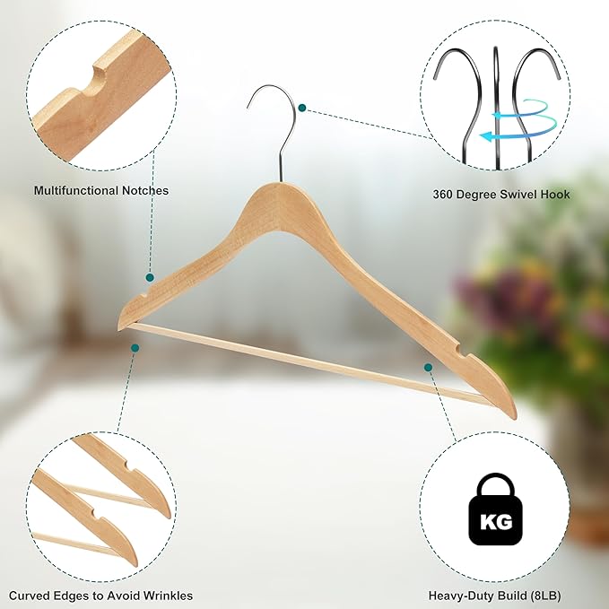 Quality Hangers 16.5" Wooden Hangers Multi Pack, Ultra Thin Space Saving Natural, 360 Degree Swivel Hook, Best for Shirts, Blouses, Pant, Suit, Coat, Dress Hangers Natural (20, Natural, With Pant Bar)