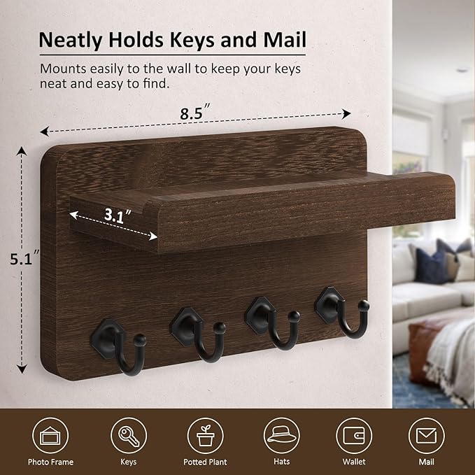 Nekon Key Holder Wall Mount, 8.5 Inch Small Home Decor Wooden Wall Organizer with 4 Hooks and Shelf, Key and Mail Holder for Living Room Entryway Kitchen (Brown)