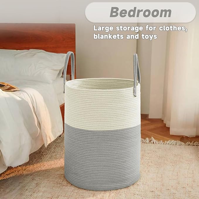 Large Woven Laundry Basket Hamper,60L Cotton Rope Storage Bin for Blankets,Toys and Clothes,Decorative Tall Nursery Hamper for Living Room,Baby Nursery,Bathroom and Bedroom,White and Grey