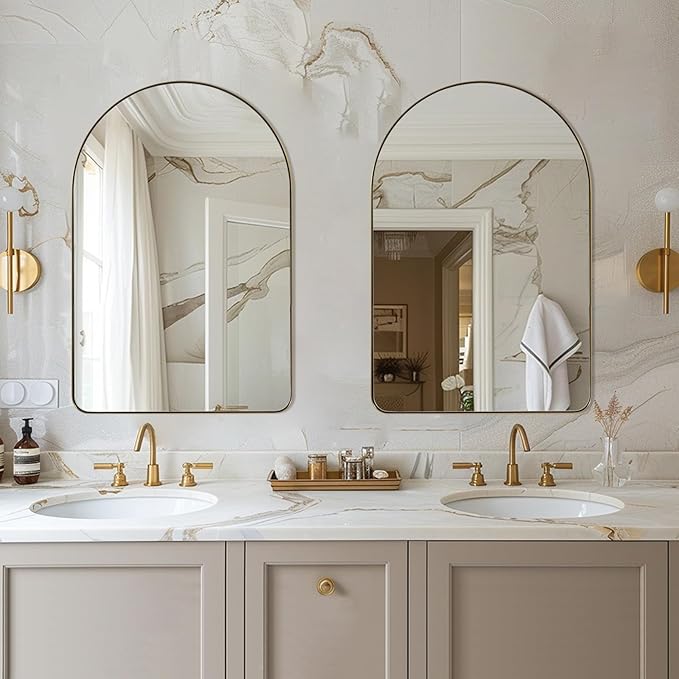 ANDY STAR Arched Mirror, 22" x 35" Gold Bathroom Mirror in Stainless Steel Metal Frame, Arch Top Rounded Corner 1" Deep Set Design Wall Mount Hangs Vertical
