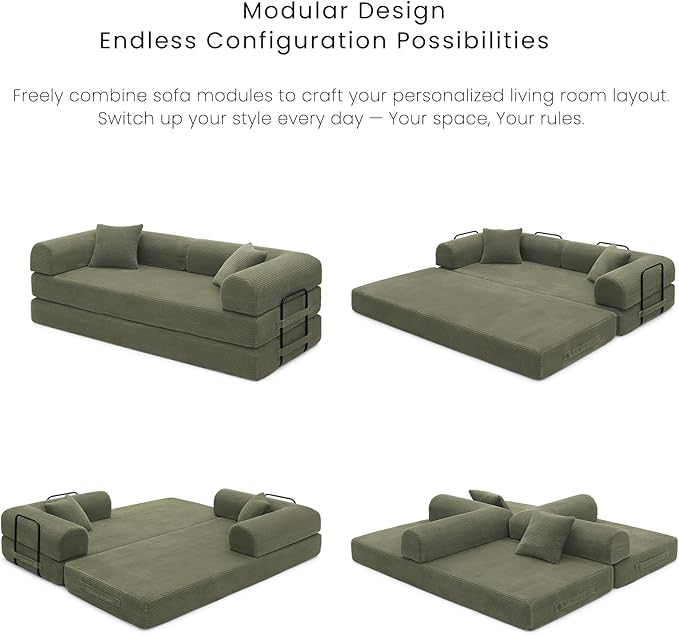 Compression Sofa - 79'' Convertible Sofa Bed, Boneless Couch in a Box, Modular Corduroy Foldable Sleeper Sofa with 2 Pillows, Loveseat Couches for Living Room (Corduroy Fabric, Green)