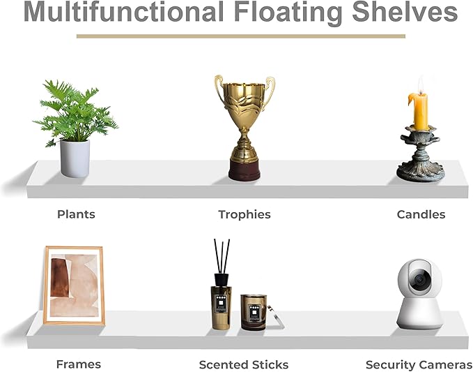 Sorbus Floating Shelves for Wall - 55 Inch Extra-Long Bathroom Shelves, Wall Decor for Bedroom, Kitchen, Living Room, Book Storage - Mounted Floating Shelf with Hidden Brackets (White, 2 Pack)