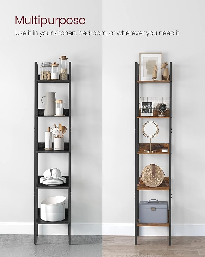 VASAGLE Bookshelf, 5-Tier Narrow Book Shelf, 11.8 x 13.3 x 66.9 Inches, Ladder Shelf for Home Office, Living Room, Bedroom, Kitchen, Ebony Black and Ink Black ULLS109B56