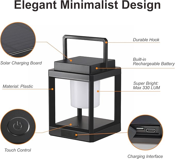 LETRY Outdoor Table Lamp, Brightness LED Nightstand Lantern, Portable Rechargeable Solar Lamp Waterproof, Touch Control Outdoor Lamps Cordless Lights Decorative for Patio/Walking/Reading/Camping