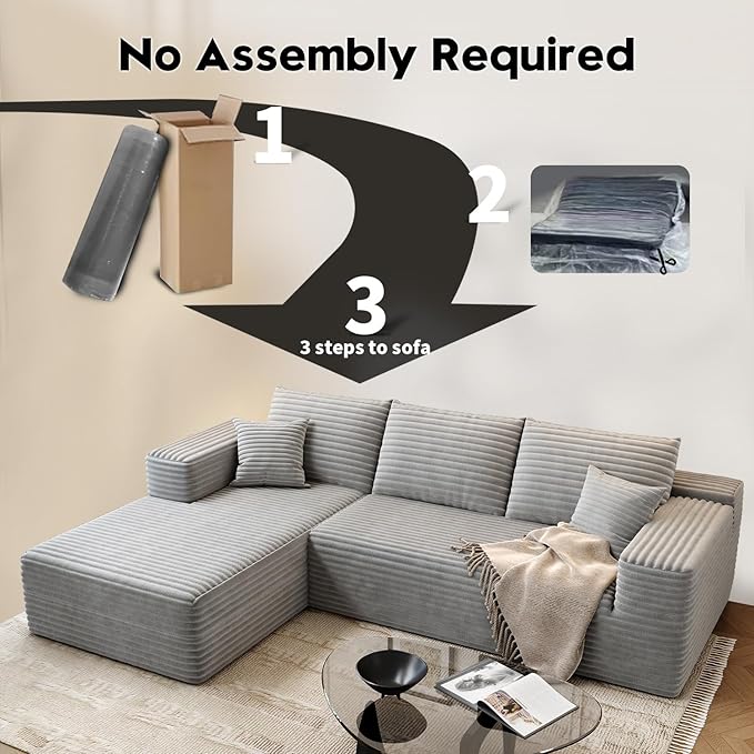 107.5" Cloud Modular Sectional Sofa Couch with L-Shape Chaise,Modern Minimalist Upholstered Couches for Living Room Bedroom,Deep Seat Corner Couch，No Assembly Required (Grey,Left Facing Chaise)