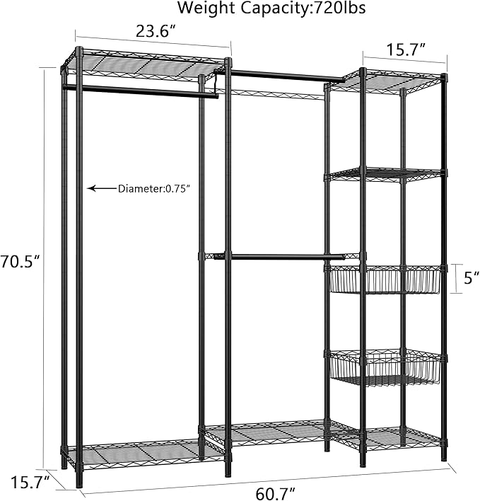 Xiofio 6 Tiers Heavy Duty Garment Rack,Metal Clothing Rack,Clothing Storage Rack,Closet Organizer System Freestanding & Adjustable Wardrobe 60.7" L x 15.7" W x 70.5" H Max Load 720LBS Black
