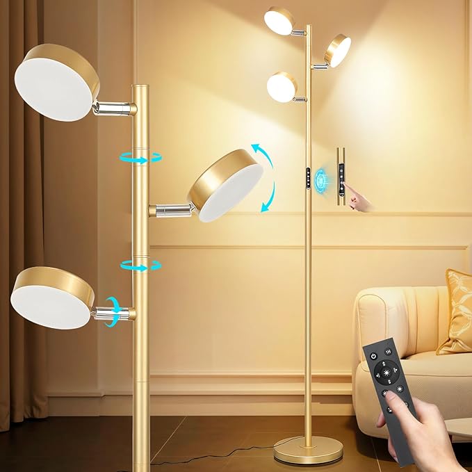 Tree Floor Lamp for Living Room - Modern Glod Standing Lamp, LED Floor Light with Remote & Touch, 3000K-6000K Dimmable for Bedroom Office Reading (3 Head)