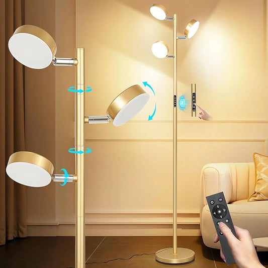 Tree Floor Lamp for Living Room - Modern Glod Standing Lamp, LED Floor Light with Remote & Touch, 3000K-6000K Dimmable for Bedroom Office Reading (3 Head)