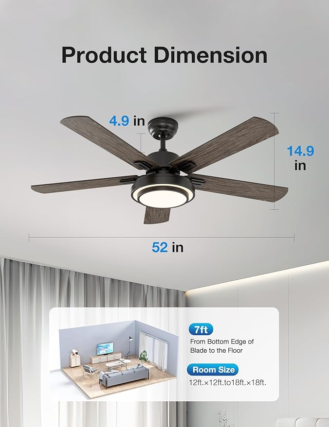 warmiplanet Ceiling Fans with Lights and Remote Control, 52 Inch, 6 Speeds Reversible DC Motor, 3 Color Dimmable Light, Timer, Noiseless, Black, 5 Blades