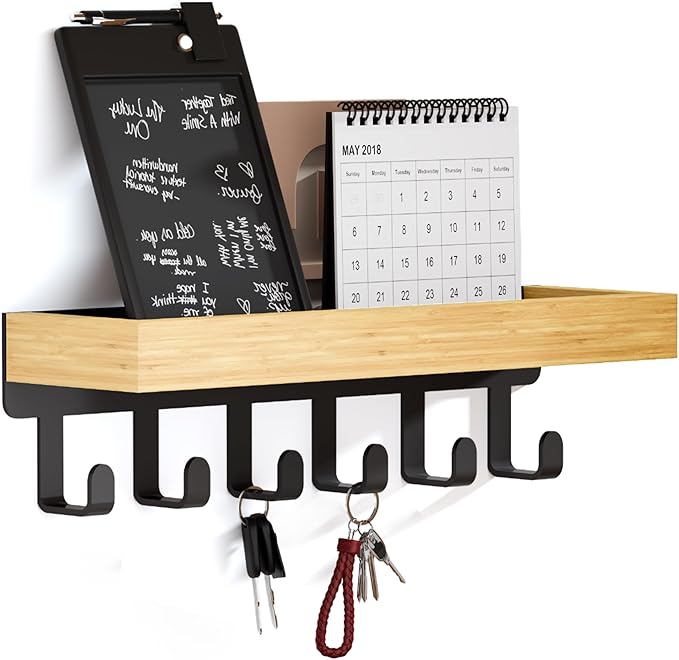 SWTYMIKI Key Holder Wall Mount - Wooden Key Hooks for Wall with Mail Organizer & 6 Hooks, 2 Installation Ways Key Hanger, Key Rack with Shelf for Entryway Living Room Bedroom Office Home Decor Wood