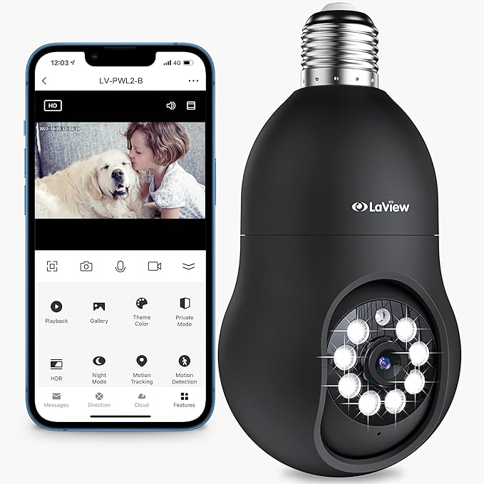 LaView 4MP Bulb Security Camera 2.4GHz, 360° 2K Security Cameras Wireless Outdoor Indoor Full Color Day and Night, Motion Detection, Audible Alarm, Easy Installation, Compatible with Alexa(Black)