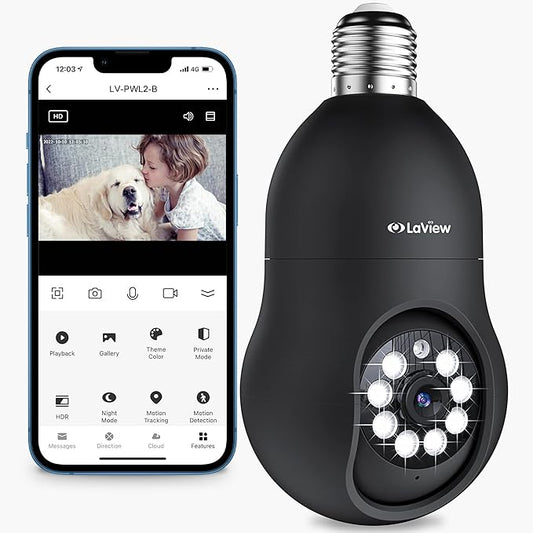 LaView 4MP Bulb Security Camera 2.4GHz, 360° 2K Security Cameras Wireless Outdoor Indoor Full Color Day and Night, Motion Detection, Audible Alarm, Easy Installation, Compatible with Alexa(Black)
