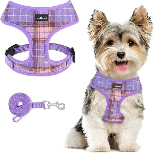 SCENEREAL Puppy Dog Harness with Leash Set for Small Medium Sized Dogs, Soft Mesh Step in Pet Harnesses and Leash, No Chock Plaid Adjustible No Pull Vest for Dogs Cats, Chihuahua,Bulldog (Purple XS)