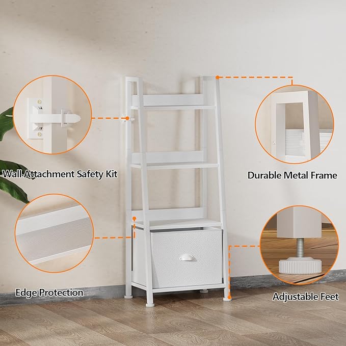 Furologee 4-Tier White Ladder Shelf, Ladder Bookshelf with Removable Drawer, Bookcase Storage Rack Organizer, Freestanding Storage Shelves for Living Room, Home Office, Bedroom