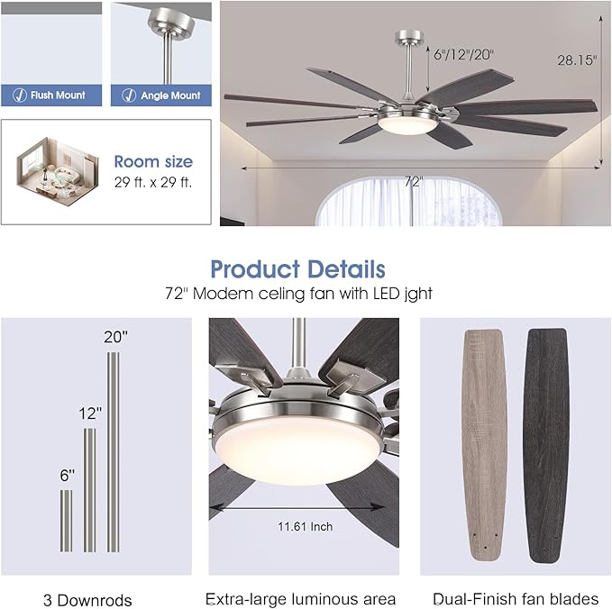 72 Inch Large Ceiling Fans with Lights and Remote, Outdoor Ceiling Fan with Lights for Patio, Industrial Commercial Ceiling Fan with 6-Speed Reversible DC Motor, 3 CCT,Sand Nickel