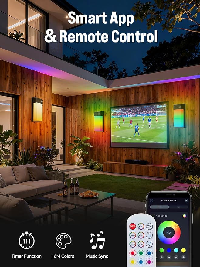 Outdoor Wall Light, Smart RGBICWW Porch Lights Outdoor, 1500LM Modern Wall Sconce with 30+ Scene Modes, Retome & APP Control, IP65 Waterproof Color-Changing DIY for Outdoor Decor, 2 Pack