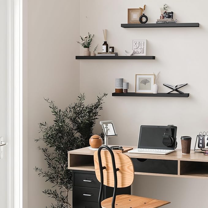 Colima Bathroom Floating Shelves for Wall, 36" Floating Wall Mounted Shelf, Rustic Wood Hanging Shelf for Home Organization, Bathroom, Kitchen, Living Room (Set of 3, Black)