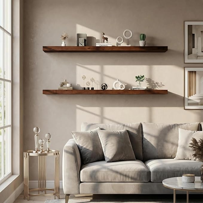 foxsky 60 Inch Solid Pine Wood Floating Shelves for Wall with Hidden Brackets, Rustic Farmhouse Wall Mounted Shelf for Bathroom, Living Room, Bedroom, Kitchen, Office Decor (Walnut)