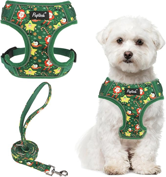 PUPTECK Christmas Small Dog Harness and Leash Set, No Pull Adjustable Puppy Cat Harness, Reflective Soft Mesh Pet Vest Small Sized, Green M