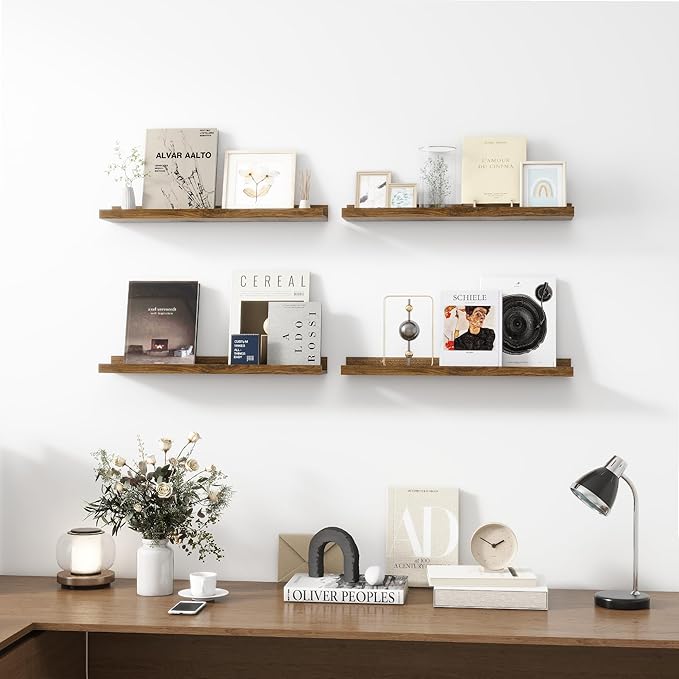 Picture Ledge Shelf, Wood Floating Shelves Set of 4, 24 inch Picture Ledge Shelves, Photo Ledge Nursery Book Shelves Wall Mounted for Living Room Kids' Room Bedroom, Color Walnut