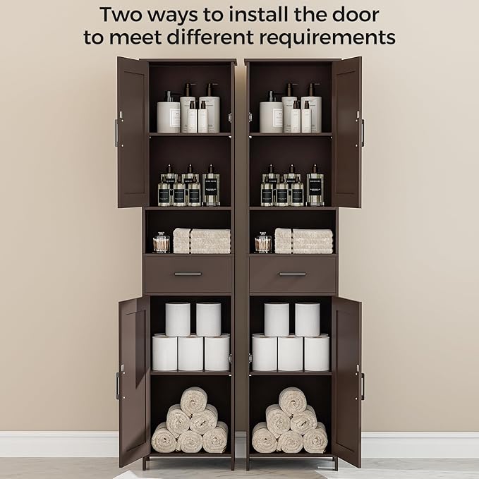 Homhedy 67" H Tall Bathroom Storage Cabinet with 2 Barn Doors and 1 Drawer, Narrow Storage Unit, Adjustable Shelves, Floor Cabinet for Bathroom, Living Room, Entryway, Kitchen, Brown, (15.7" W)