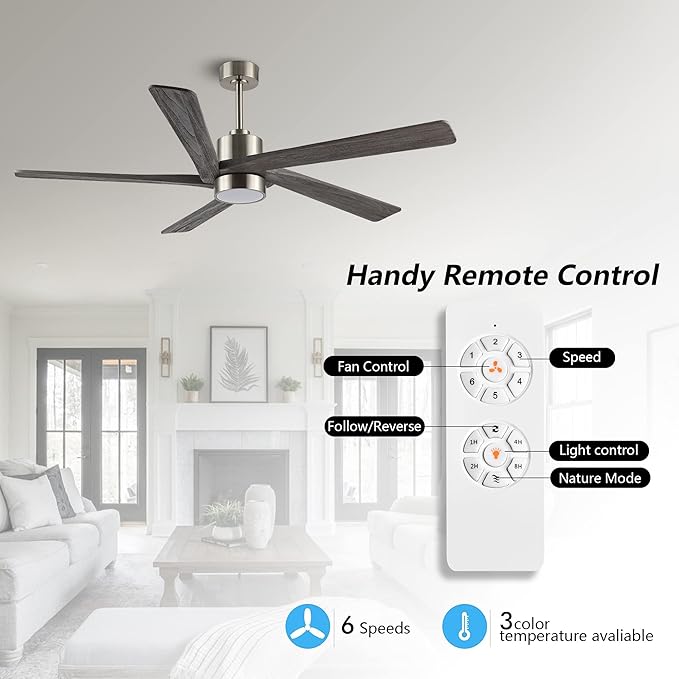WINGBO 64 Inch DC Ceiling Fan with Lights and Remote Control, 5 Reversible Carved Wood Blades, 6-Speed Noiseless DC Motor, Modern Ceiling Fan in Brushed Nickel Finish with Gray Blades, ETL Listed