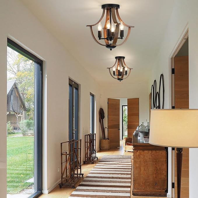 Farmhouse Hanging Pendant Lighting, 4-Light Rustic Flush Mount Ceiling Light Fixture,Modern Faux Wood Vintage Chandelier for Dining Room Kitchen Island Foyer Hallway Entryway Bedroom