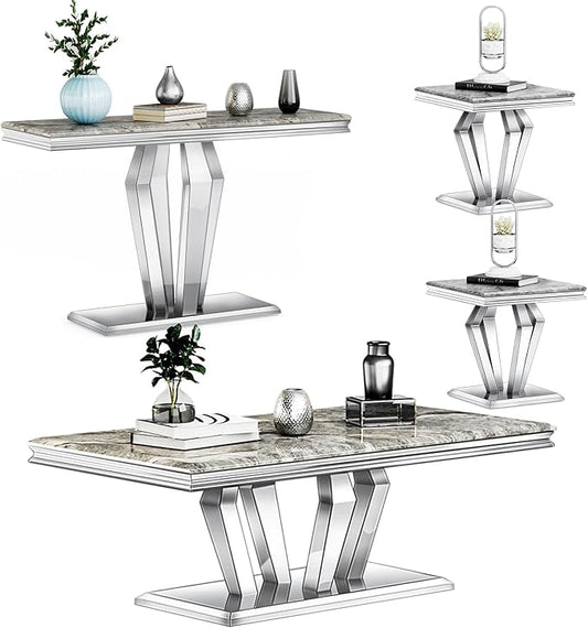 4-Piece Coffee Table Set, Gray and Silver Living Room Tables with 4 Geometric Bases, 1 Coffee Table + 2 End Table + 1 Console Table for Home Office