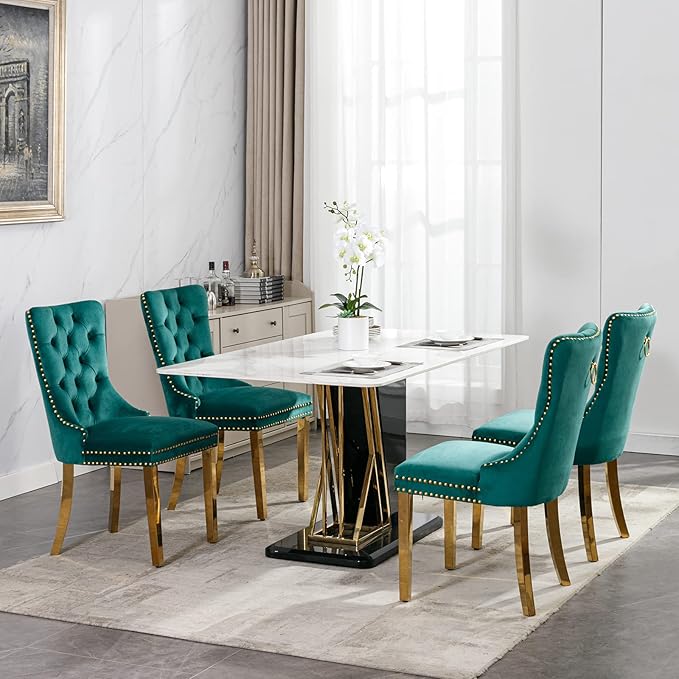 Luxury Upholstered Dining Chairs Set of 4, Green Kitchen Chair with Golden Metal Legs, Velvet Tufted Back Dining Chair, Sillas de Comedor, Modern Kitchen & Dining Room Chairs (Green, 4 Pcs)