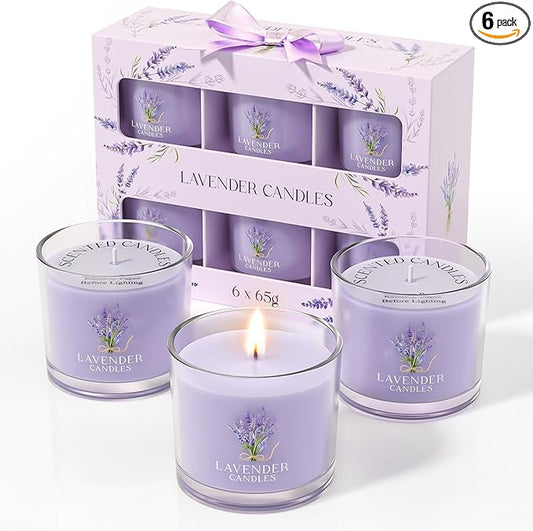 Lavender Candle, Scented Candles Gift Set for Stress Relief, 6 Votive Candles for Women and Men, Birthday Candle Gifts for Women, Christmas Candles for Women (Purple, 14 oz)