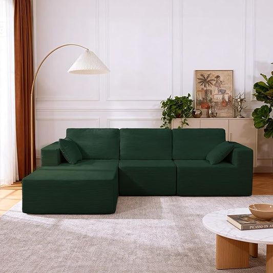 108” Modular Sectional Sofa Couch with Ottoman, 3-Seater Boneless Couch, L Shape Sectional Sofa Compressed Sofa for Living Room Bedroom, No Assembly Needed (Green, 3 Seats+1 Ottoman)