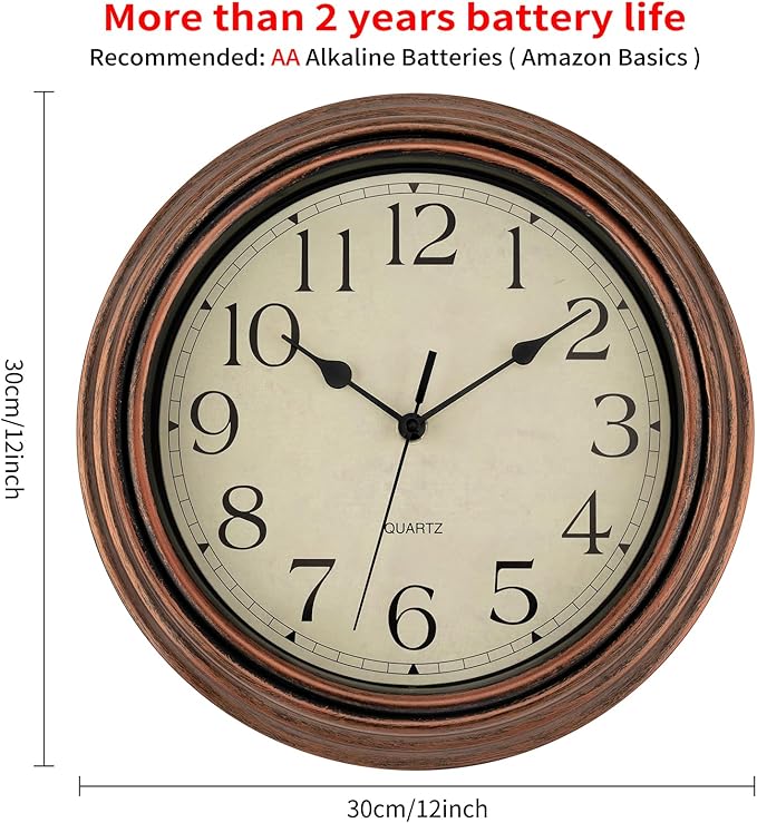 Foxtop Vintage Copper Wall Clock 12 Inch Silent Non Ticking Battery Operated Quartz Round Retro Wall Clock Decorative for Kitchen Bedroom Living Room Office Classroom