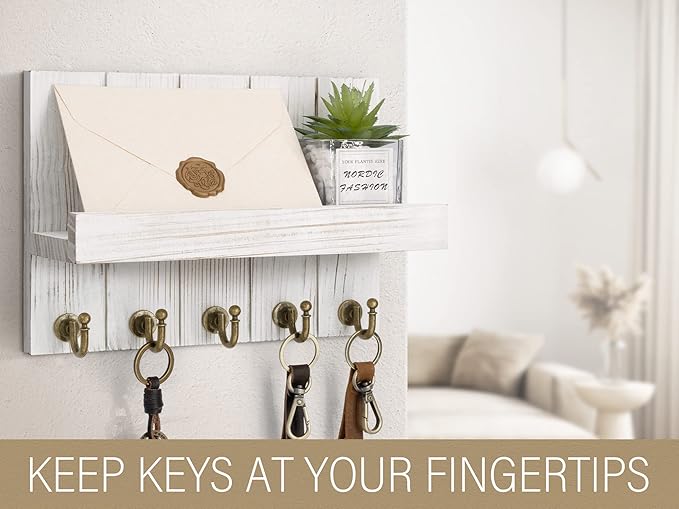 Rebee Vision Farmhouse Key Holder for Wall - Decorative Mail Organizer & Key Rack Wall Mount - Elegant 5 Sturdy Key Hooks with Floating Shelf for Living Room Decor (Whitewash, 3.54"D x 10"W x 7.28"H)
