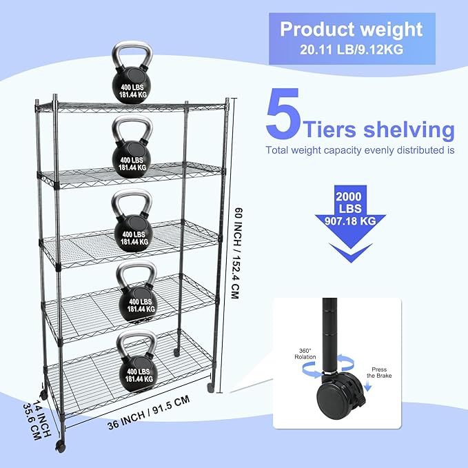Whitmor 5 Tier Metal Storage Shelves, Heavy Duty with 4 Wheels & Adjustable Feet, 400 lbs Capacity per Shelf, Max 2000 lbs Total for Home, Garage, Workshop, 36" L x 14" W x 60" H, Black