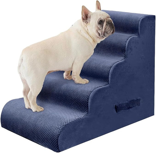 PAWSCART Dog Stairs for Small Pets, 22.8" H with 30D Material Soft Foam, Portable Ramp Non-Slip Surface Non-Slip for Couch and High Bed Climbing, 5-Step Stairs for Cat or Dog, Blue