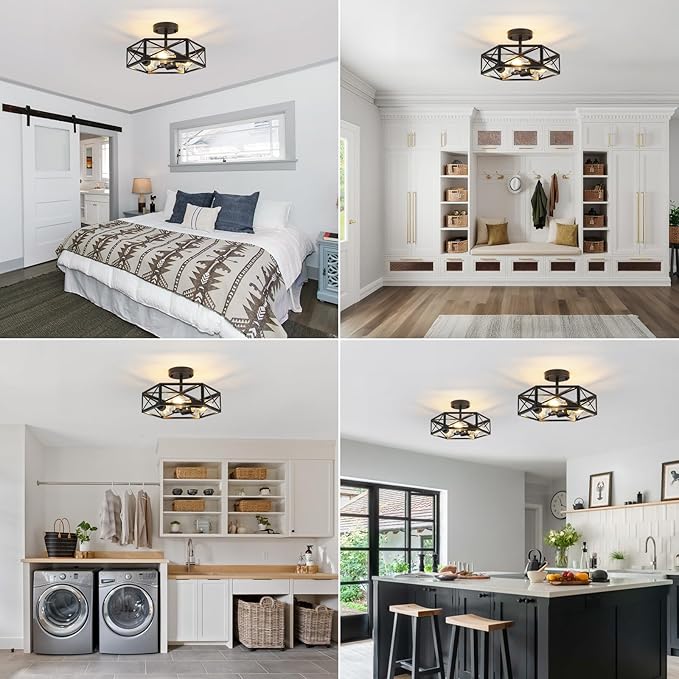 Black Semi Flush Mount Ceiling Light, Farmhouse Hallway Light Fixtures Ceiling Mount, 3 Light Industrial Close to Ceiling Lights with Metal Hexagon Cage for Kitchen, Hallway, Entryway, Bedroom