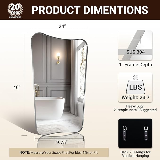 ANDY STAR 24x40 Inch Asymmetrical Mirror, Brushed Nickel Bathroom Mirror, Large Bathroom Mirror for Vanity, Anti-Rust Stainless Steel 1’’ Metal Frame, Italian Style Designer Mirror